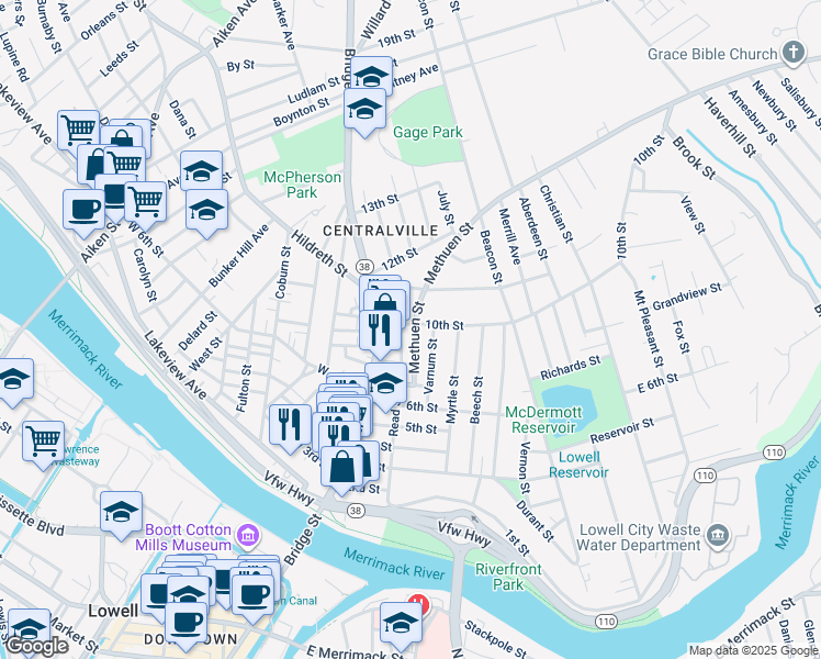 map of restaurants, bars, coffee shops, grocery stores, and more near 56 Methuen Street in Lowell
