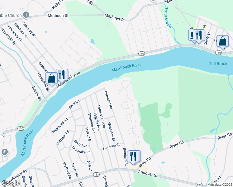 map of restaurants, bars, coffee shops, grocery stores, and more near 216 Merrimack Meadows Lane in Tewksbury