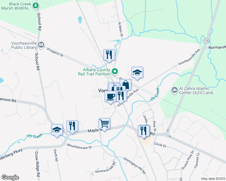 map of restaurants, bars, coffee shops, grocery stores, and more near in Voorheesville