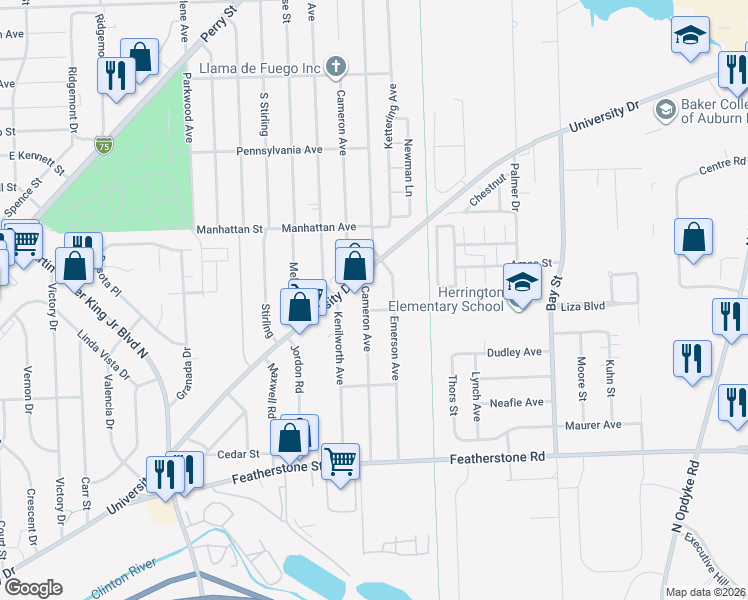map of restaurants, bars, coffee shops, grocery stores, and more near 544 Cameron Avenue in Pontiac