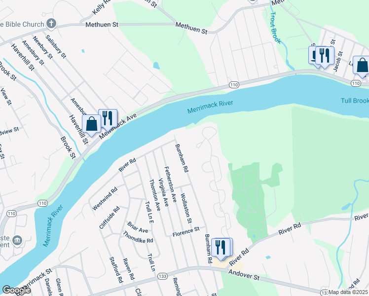 map of restaurants, bars, coffee shops, grocery stores, and more near 216 Merrimack Meadows Lane in Tewksbury