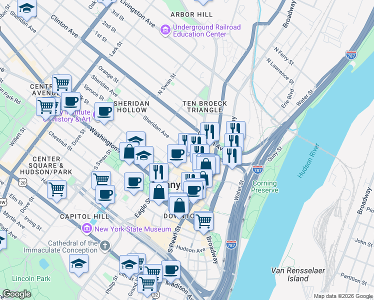 map of restaurants, bars, coffee shops, grocery stores, and more near 49 Sheridan Avenue in Albany