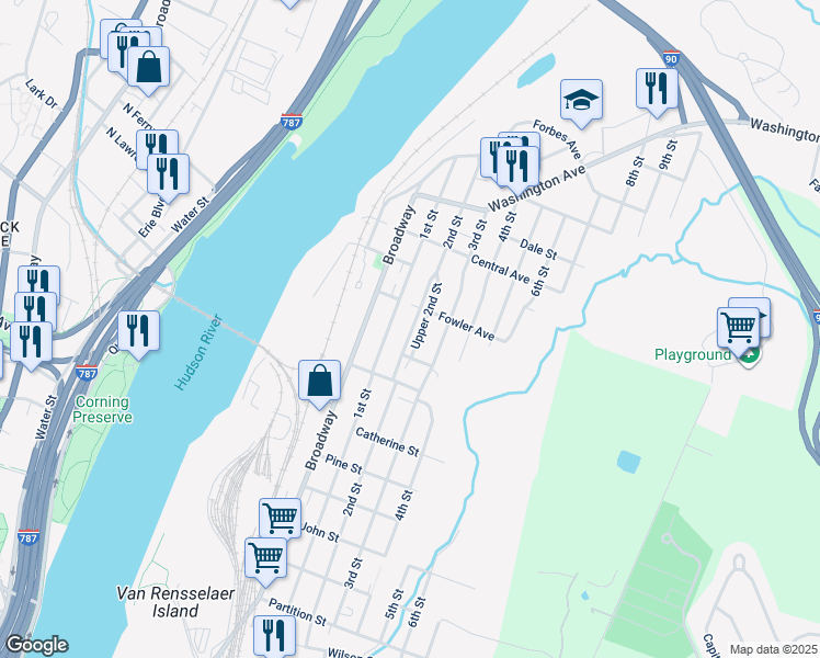map of restaurants, bars, coffee shops, grocery stores, and more near 1465 2nd Street in Rensselaer