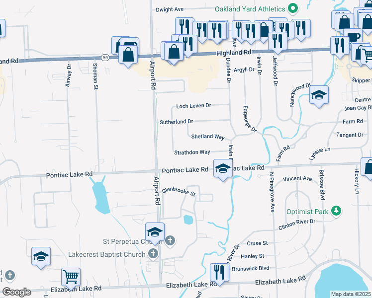 map of restaurants, bars, coffee shops, grocery stores, and more near 5860 Strathdon Way in Oakland County