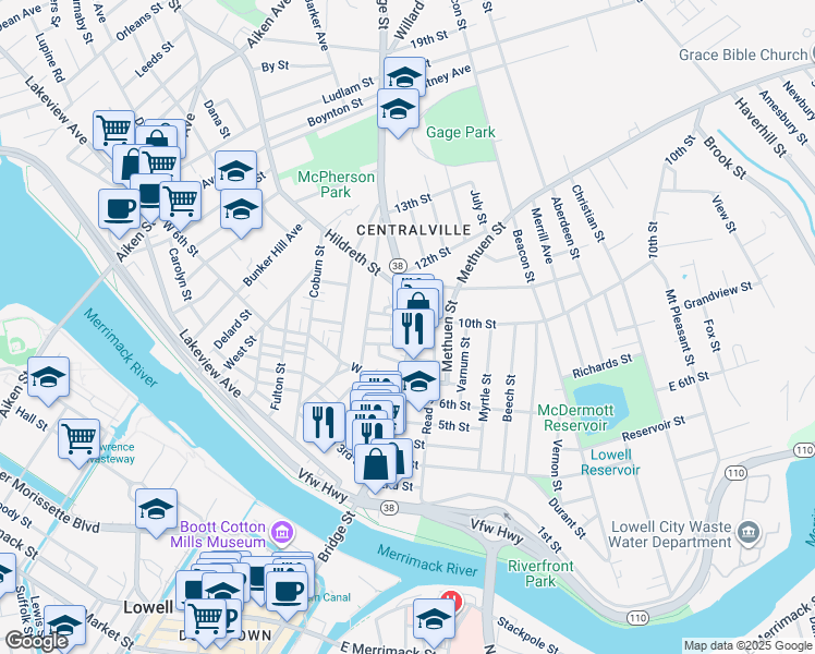 map of restaurants, bars, coffee shops, grocery stores, and more near 686 Bridge Street in Lowell