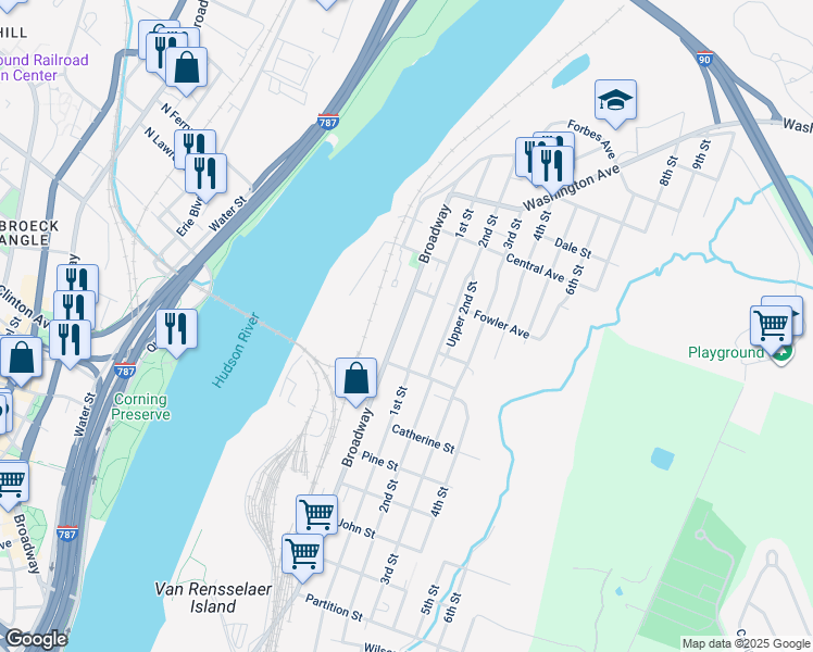 map of restaurants, bars, coffee shops, grocery stores, and more near 1452 Broadway in Rensselaer