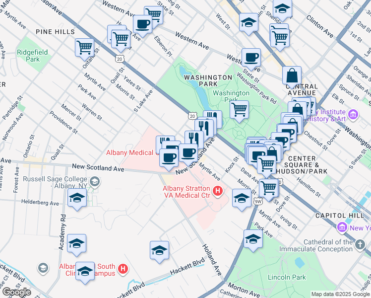map of restaurants, bars, coffee shops, grocery stores, and more near 391 Myrtle Avenue in Albany