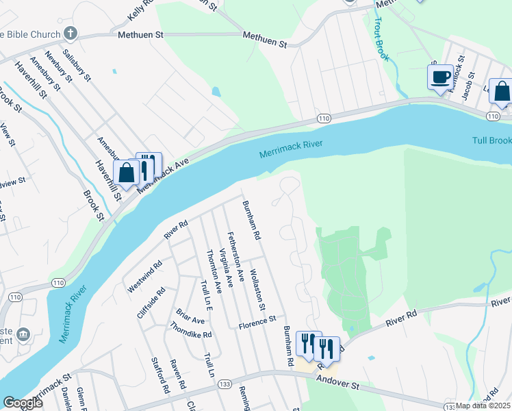 map of restaurants, bars, coffee shops, grocery stores, and more near 216 Merrimack Meadows Lane in Tewksbury