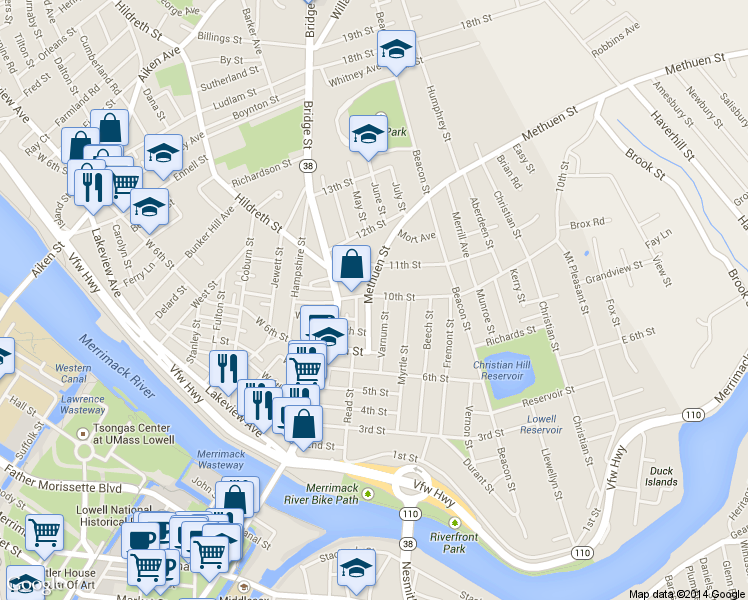 map of restaurants, bars, coffee shops, grocery stores, and more near 56 Methuen Street in Lowell