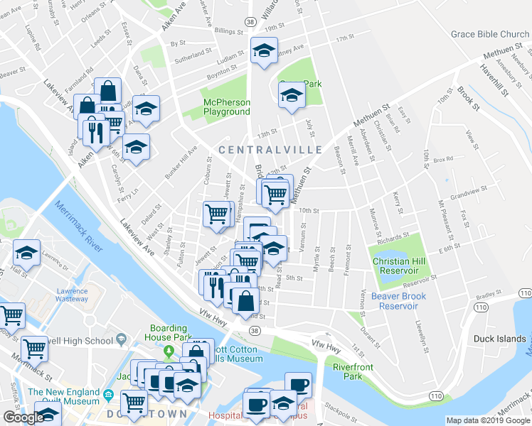 map of restaurants, bars, coffee shops, grocery stores, and more near 686 Bridge Street in Lowell