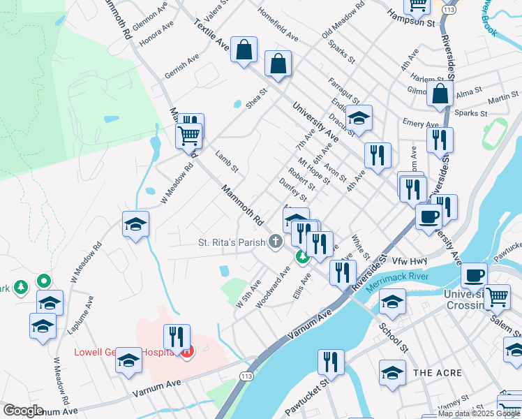 map of restaurants, bars, coffee shops, grocery stores, and more near 15 7th Avenue in Lowell