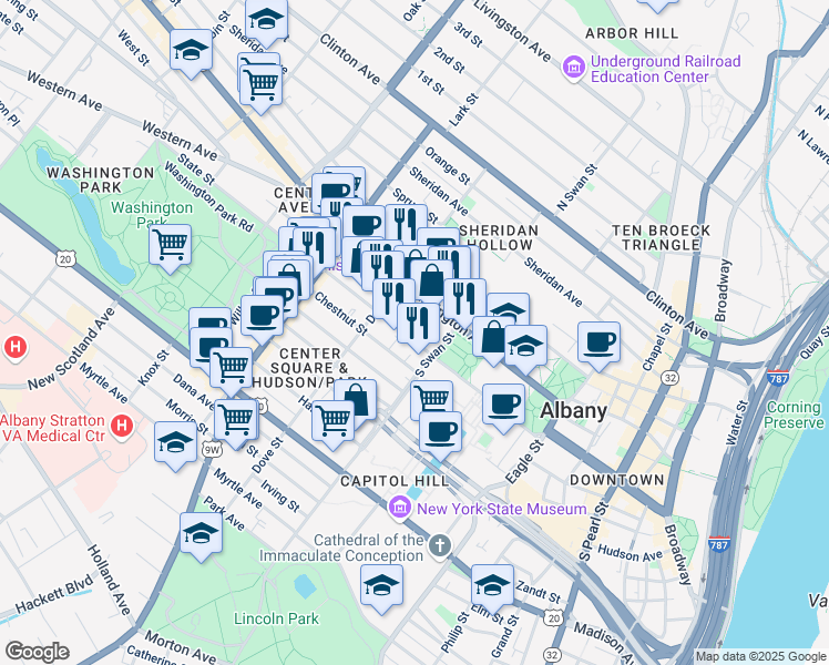 map of restaurants, bars, coffee shops, grocery stores, and more near 259 State Street in Albany
