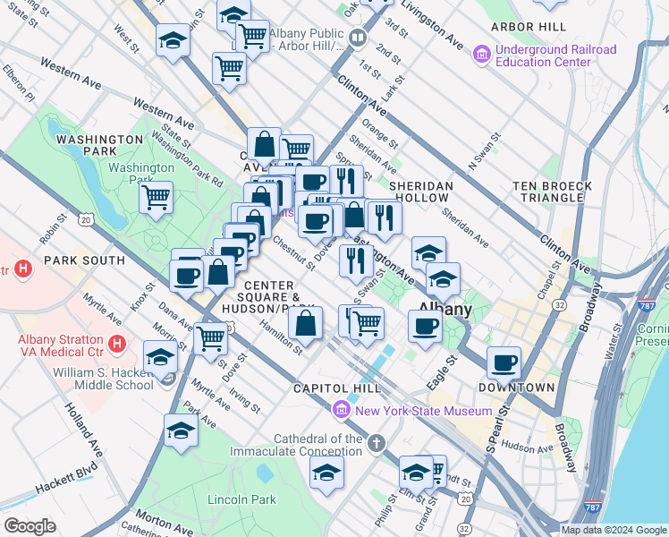 map of restaurants, bars, coffee shops, grocery stores, and more near 259 State Street in Albany
