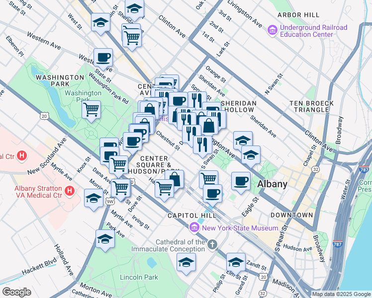 map of restaurants, bars, coffee shops, grocery stores, and more near in Albany