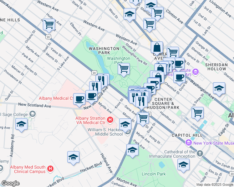 map of restaurants, bars, coffee shops, grocery stores, and more near in Albany