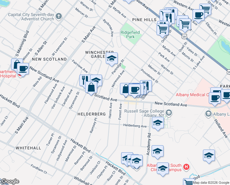 map of restaurants, bars, coffee shops, grocery stores, and more near in Albany