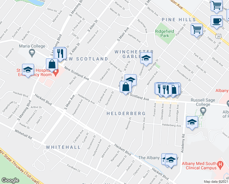map of restaurants, bars, coffee shops, grocery stores, and more near 7 Sycamore Street in Albany