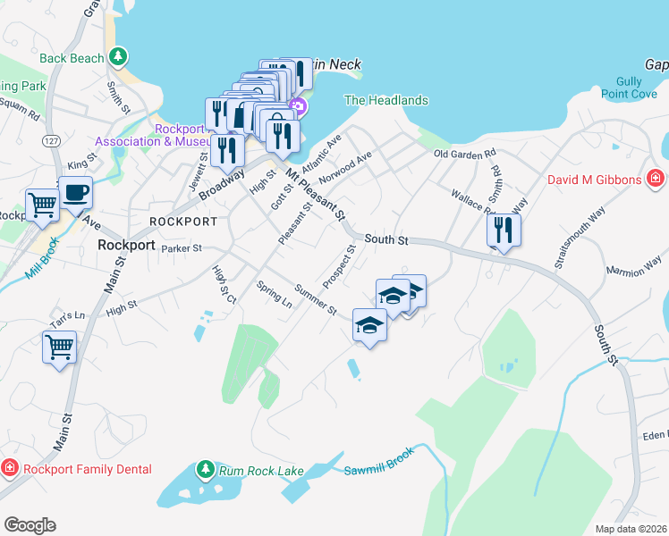 map of restaurants, bars, coffee shops, grocery stores, and more near 7 Prospect Street in Rockport