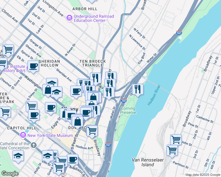 map of restaurants, bars, coffee shops, grocery stores, and more near 683 Broadway in Albany