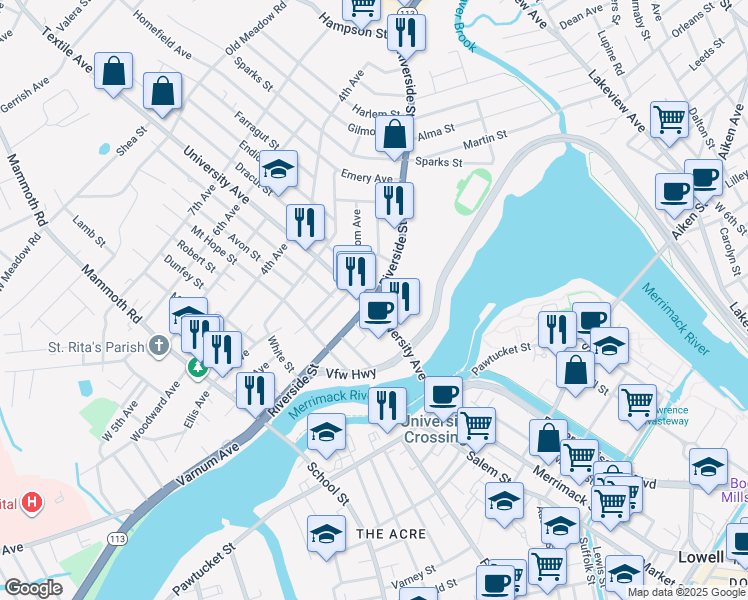 map of restaurants, bars, coffee shops, grocery stores, and more near 185 Riverside Street in Lowell