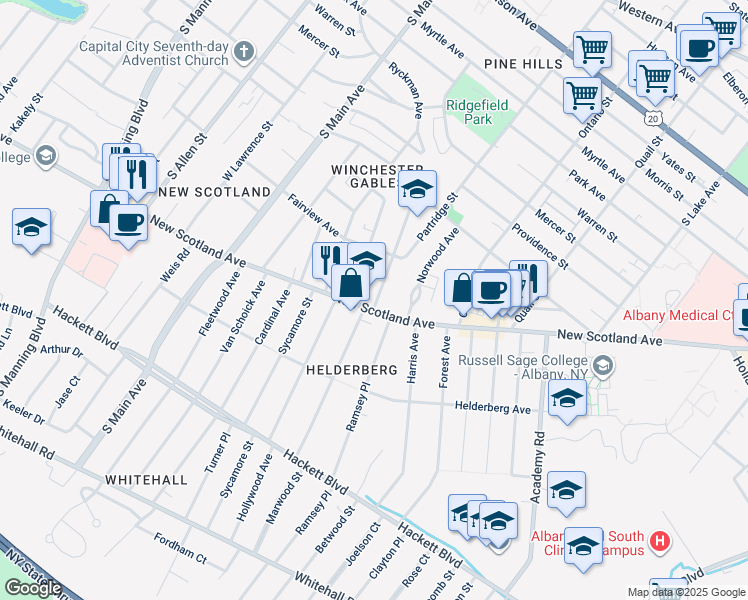 map of restaurants, bars, coffee shops, grocery stores, and more near 5 Glenwood Street in Albany