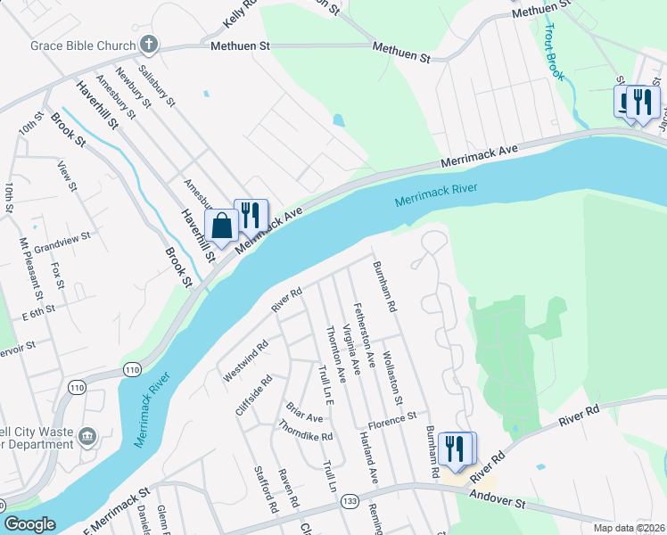 map of restaurants, bars, coffee shops, grocery stores, and more near 204 River Road in Lowell