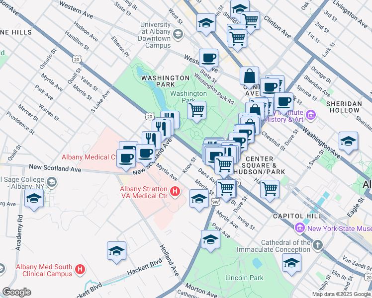map of restaurants, bars, coffee shops, grocery stores, and more near in Albany