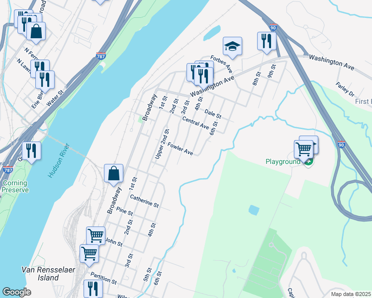 map of restaurants, bars, coffee shops, grocery stores, and more near 1504 4th Street in Rensselaer