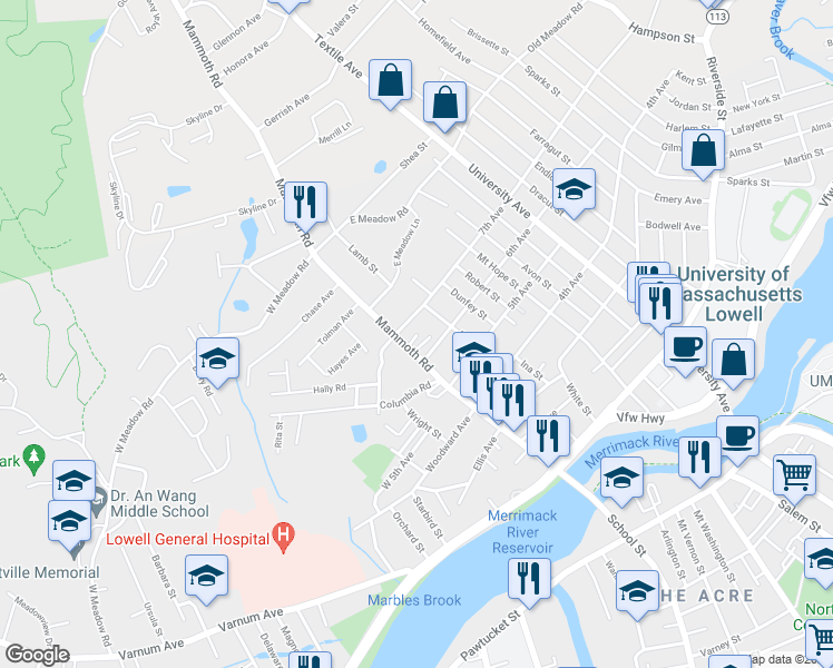 map of restaurants, bars, coffee shops, grocery stores, and more near 15 7th Avenue in Lowell
