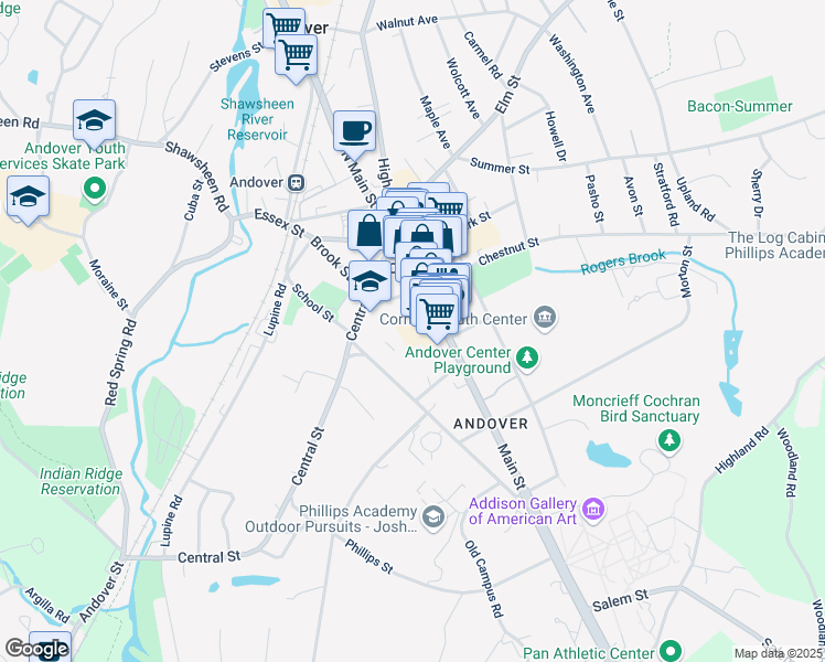 map of restaurants, bars, coffee shops, grocery stores, and more near 79 Main Street in Andover