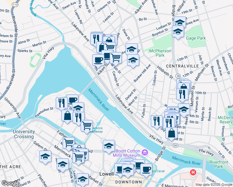 map of restaurants, bars, coffee shops, grocery stores, and more near 521 Lakeview Avenue in Lowell
