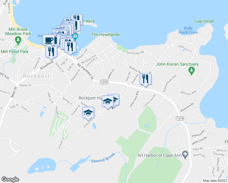 map of restaurants, bars, coffee shops, grocery stores, and more near 2 Canterbury Lane in Rockport