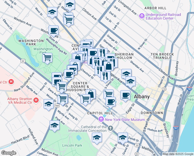 map of restaurants, bars, coffee shops, grocery stores, and more near in Albany