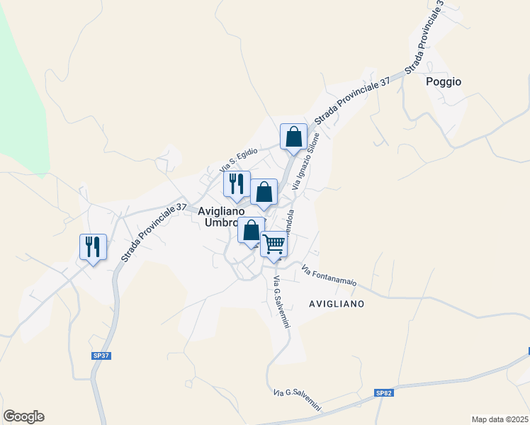 map of restaurants, bars, coffee shops, grocery stores, and more near 117 Via Roma in Avigliano Umbro