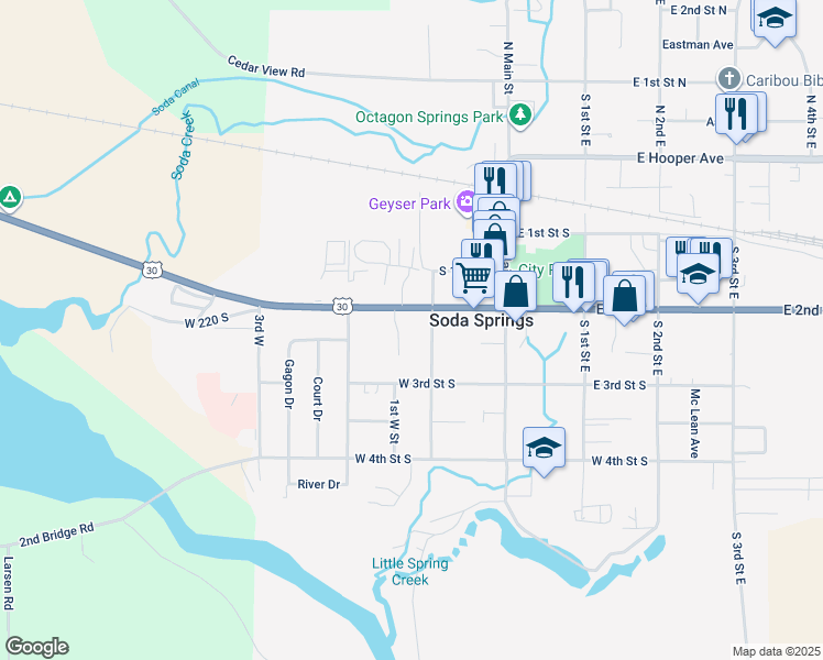 map of restaurants, bars, coffee shops, grocery stores, and more near 129 West 2nd South in Soda Springs