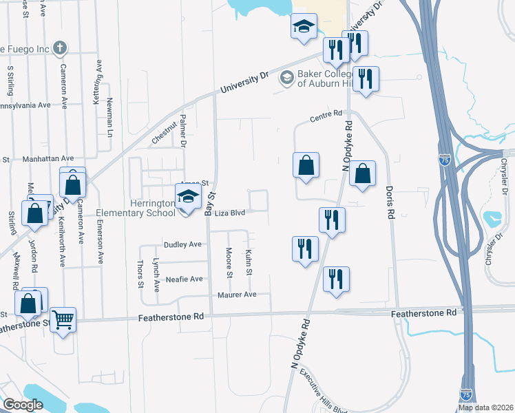 map of restaurants, bars, coffee shops, grocery stores, and more near 572 Jared Drive in Pontiac