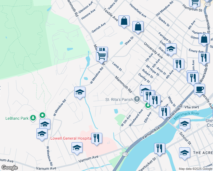 map of restaurants, bars, coffee shops, grocery stores, and more near 49 Tolman Avenue in Lowell
