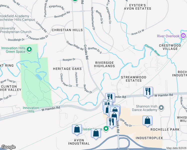 map of restaurants, bars, coffee shops, grocery stores, and more near 1975 Bonnie Brae Street in Rochester Hills
