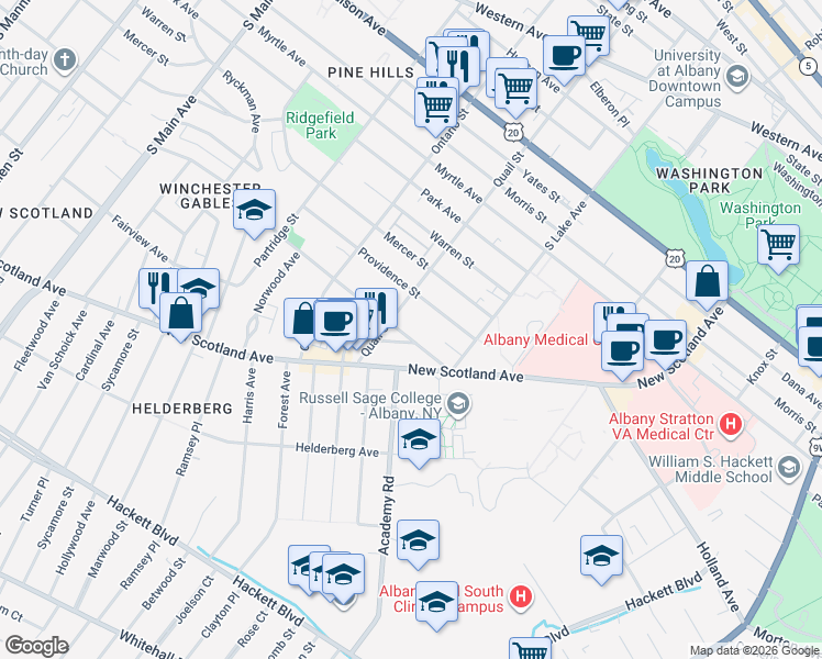 map of restaurants, bars, coffee shops, grocery stores, and more near 46 Woodlawn Avenue in Albany