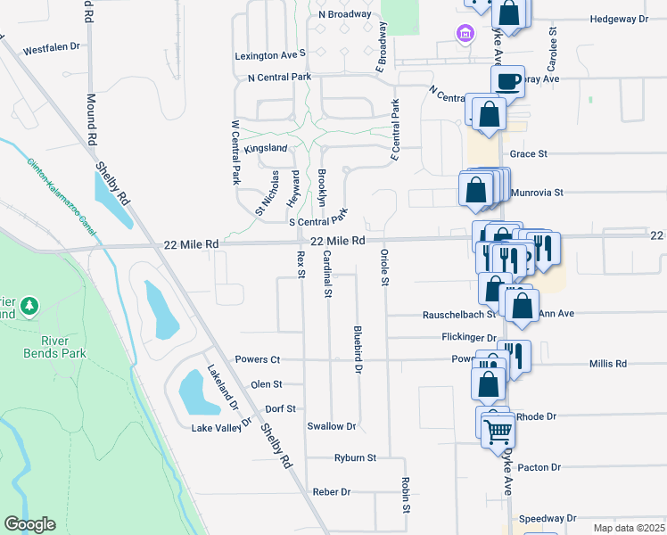 map of restaurants, bars, coffee shops, grocery stores, and more near 48910 Cardinal Street in Macomb County