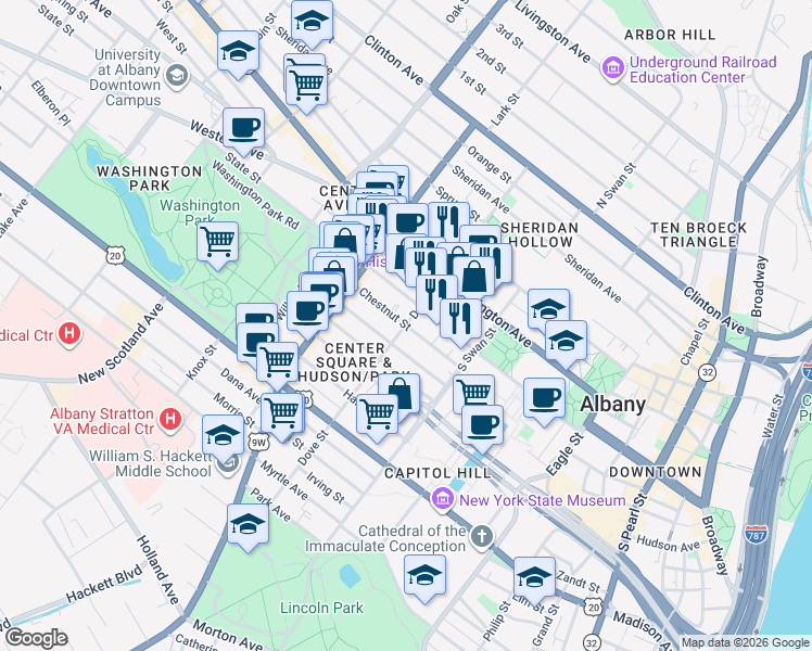 map of restaurants, bars, coffee shops, grocery stores, and more near Dove Street & Chestnut Street in Albany