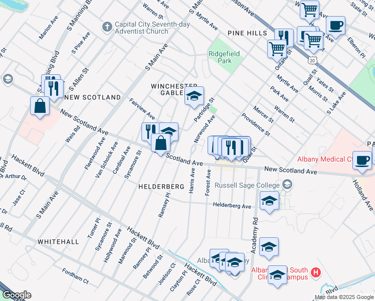 map of restaurants, bars, coffee shops, grocery stores, and more near 7 Norwood Avenue in Albany
