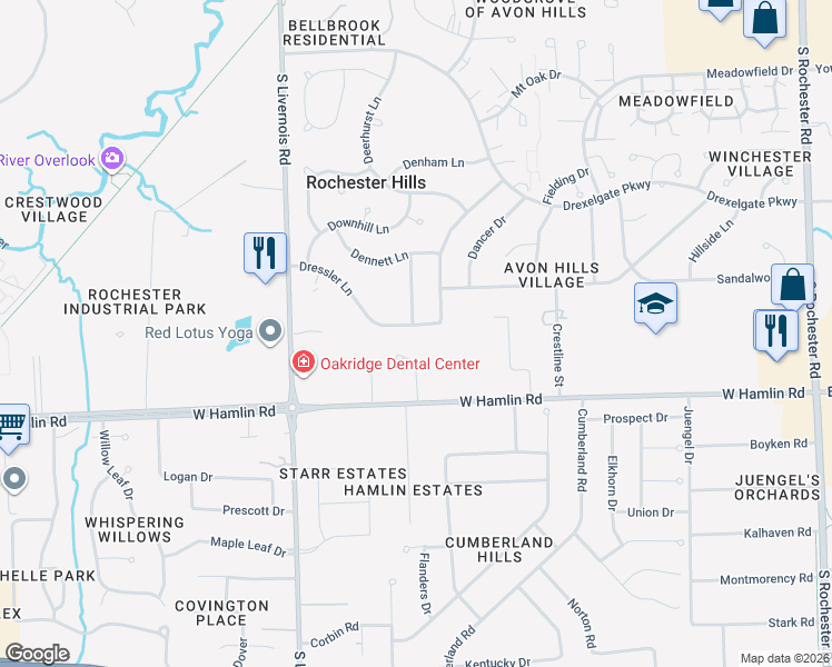 map of restaurants, bars, coffee shops, grocery stores, and more near 827 Dressler Lane in Rochester Hills