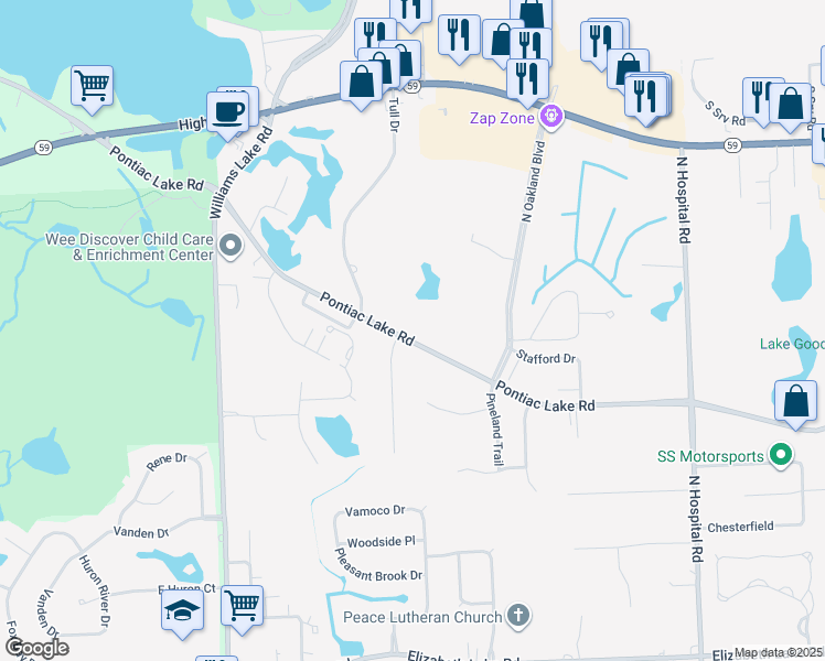 map of restaurants, bars, coffee shops, grocery stores, and more near 7580 Pontiac Lake Road in Waterford Township