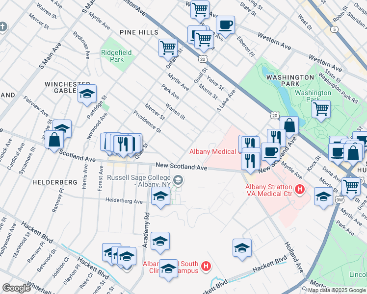 map of restaurants, bars, coffee shops, grocery stores, and more near 149 South Lake Avenue in Albany