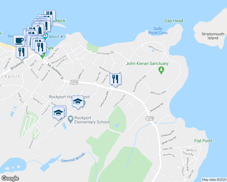 map of restaurants, bars, coffee shops, grocery stores, and more near 1B Oak Circle in Rockport