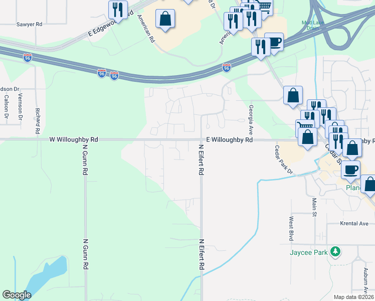 map of restaurants, bars, coffee shops, grocery stores, and more near 5051 West Willoughby Road in Delhi charter Township
