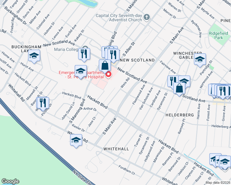 map of restaurants, bars, coffee shops, grocery stores, and more near 50 Weis Road in Albany
