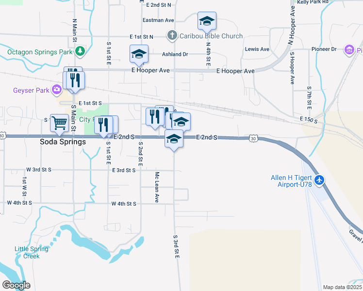 map of restaurants, bars, coffee shops, grocery stores, and more near 221 South 3rd Street East in Soda Springs