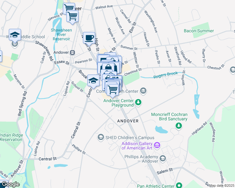 map of restaurants, bars, coffee shops, grocery stores, and more near 93 Main Street in Andover